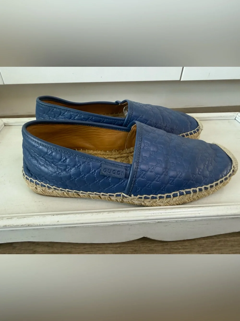 Gucci Navy Embossed Leather Espadrille Slip-Ons size 6